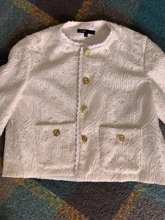 Maje White Cropped Crochet-Textured Button Jacket BNWOT - Picture 2 of 8